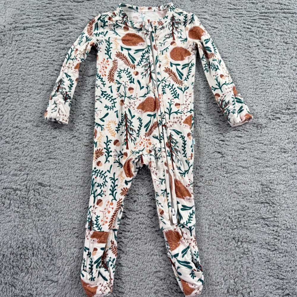 Posh Peanut Hedgehog Sleeper Kids 0-3M Cream Excellent Woodland Bamboo Zippy